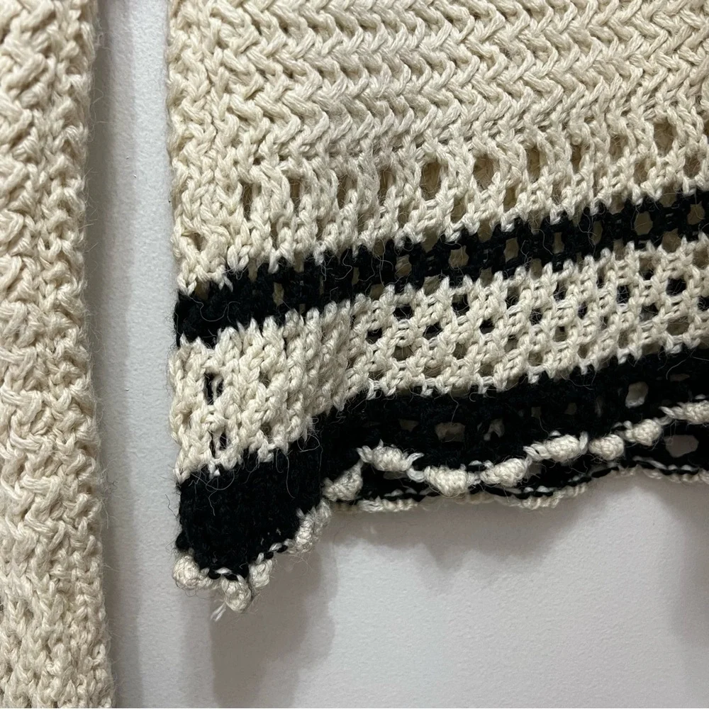 Mango Ruffle Flare Sleeve Sweater Open Knit Cream Black XS Crewneck Pullover - Picture 10 of 11